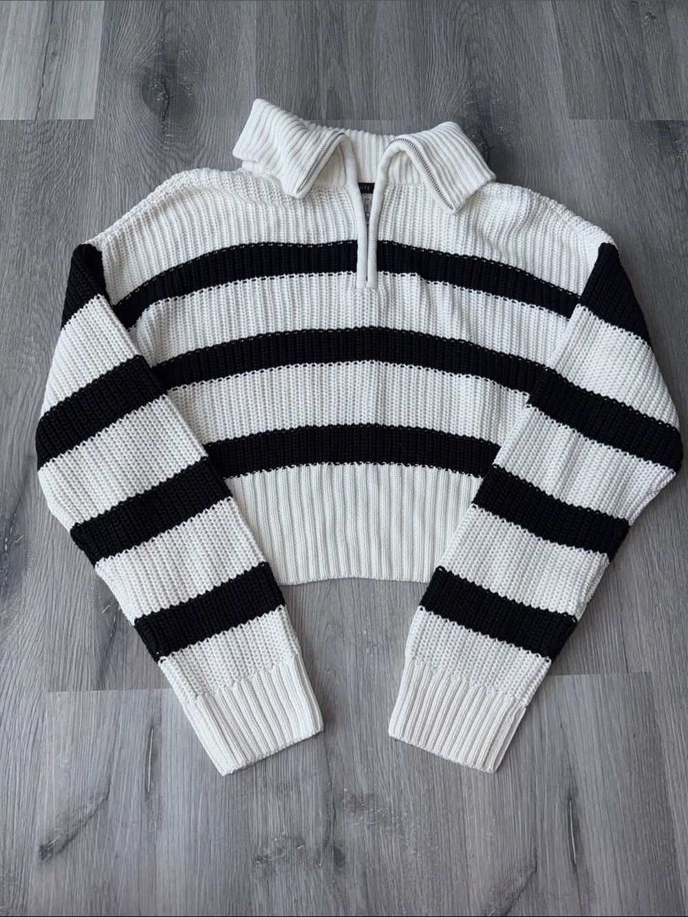 Dynamite Black & White Cropped Striped Zip Collar Sweater